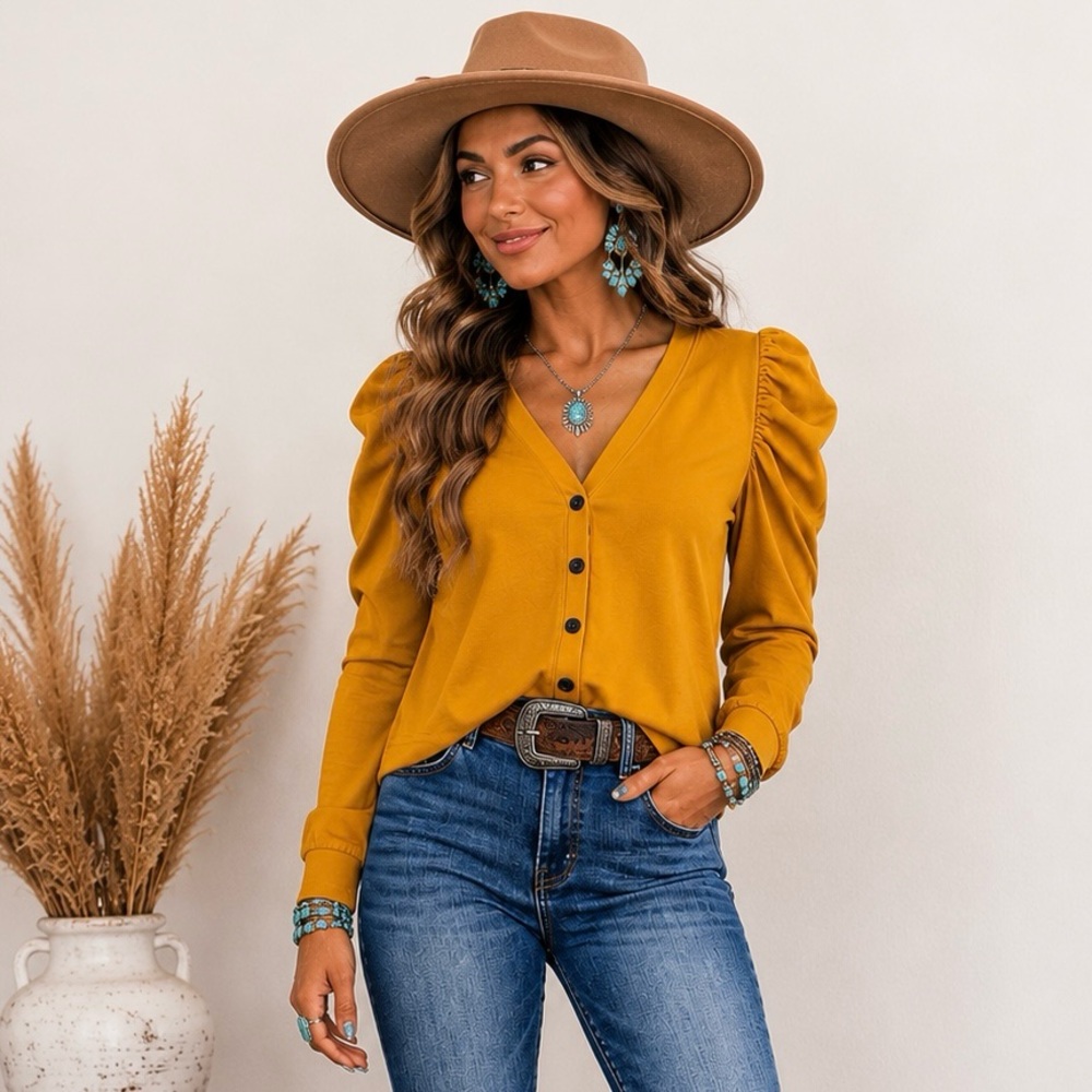 Lady de Cheval Mustard Yellow Puff Sleeve Button Front Top Medium Western